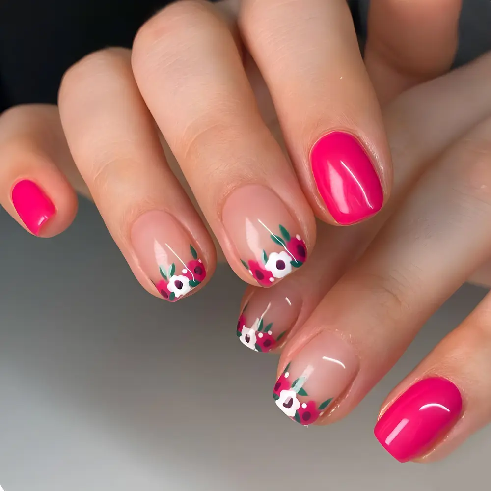 Of Short Square Floral French-style Pressed Nail