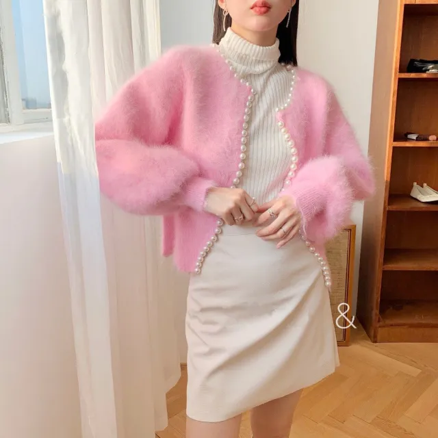 Vintage Thickened Pearl Sweet Lantern Sleeve Mink Fuzz Cardigan Coat Pink - Shop at LoveMi