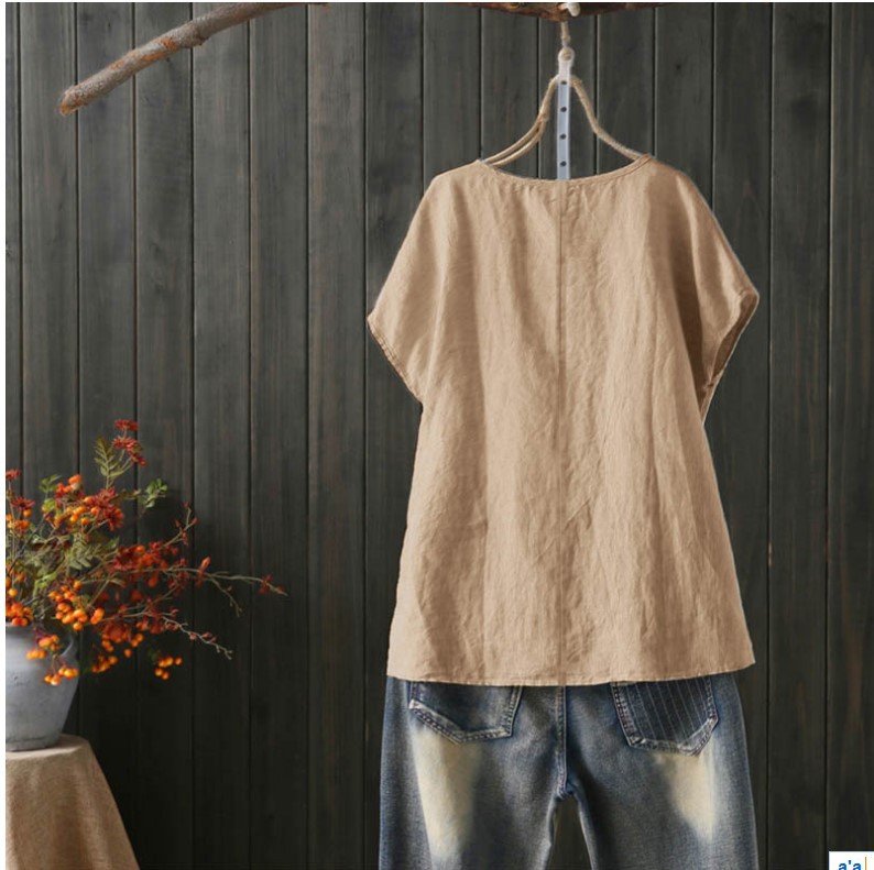 Title 3, Cotton Linen Blouse Summer Short Sleeve Casual ...