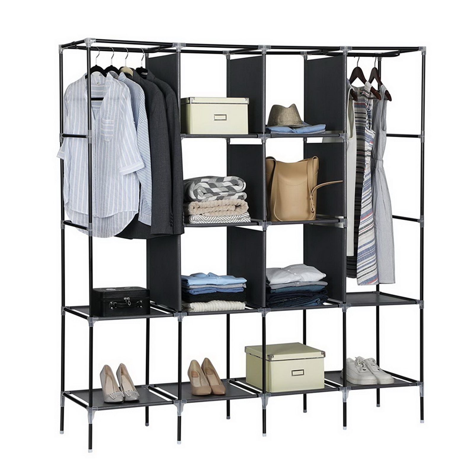 67 Inch Clothes Closet Portable Wardrobe Clothes Storage Rack 12 Shelves 4 Side Pockets Gray