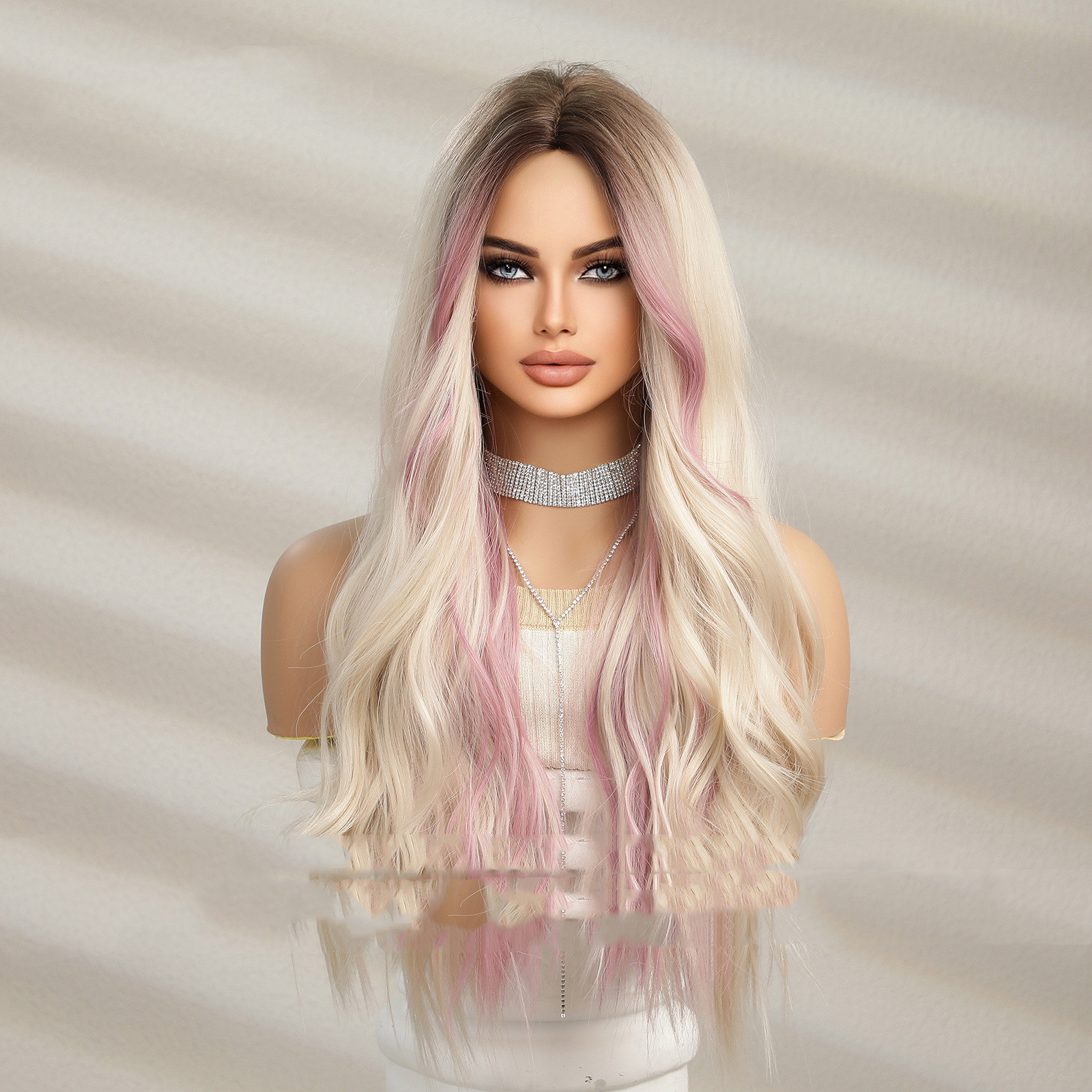 Natural Medium Gradient Gold Highlights Long Curly Hair Pink Highlights - Shop at LoveMi