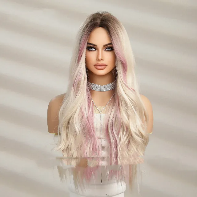 Natural Medium Gradient Gold Highlights Long Curly Hair Pink Highlights - Shop at LoveMi