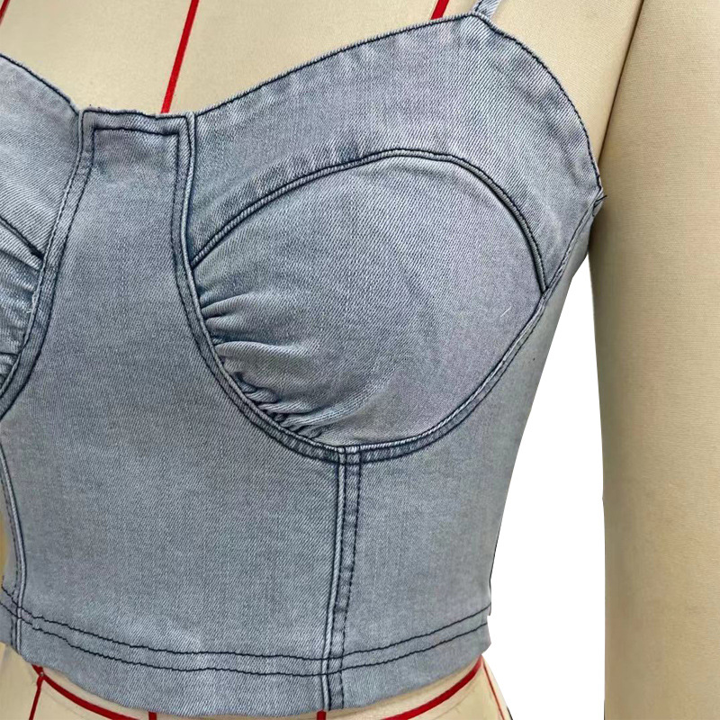 Back Zipper Denim Top Spring And Summer Sexy Suspenders