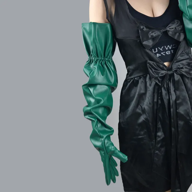 Large Sleeve Loose Long Leather Elastic Belt Gloves Dark Green - Shop at LoveMi