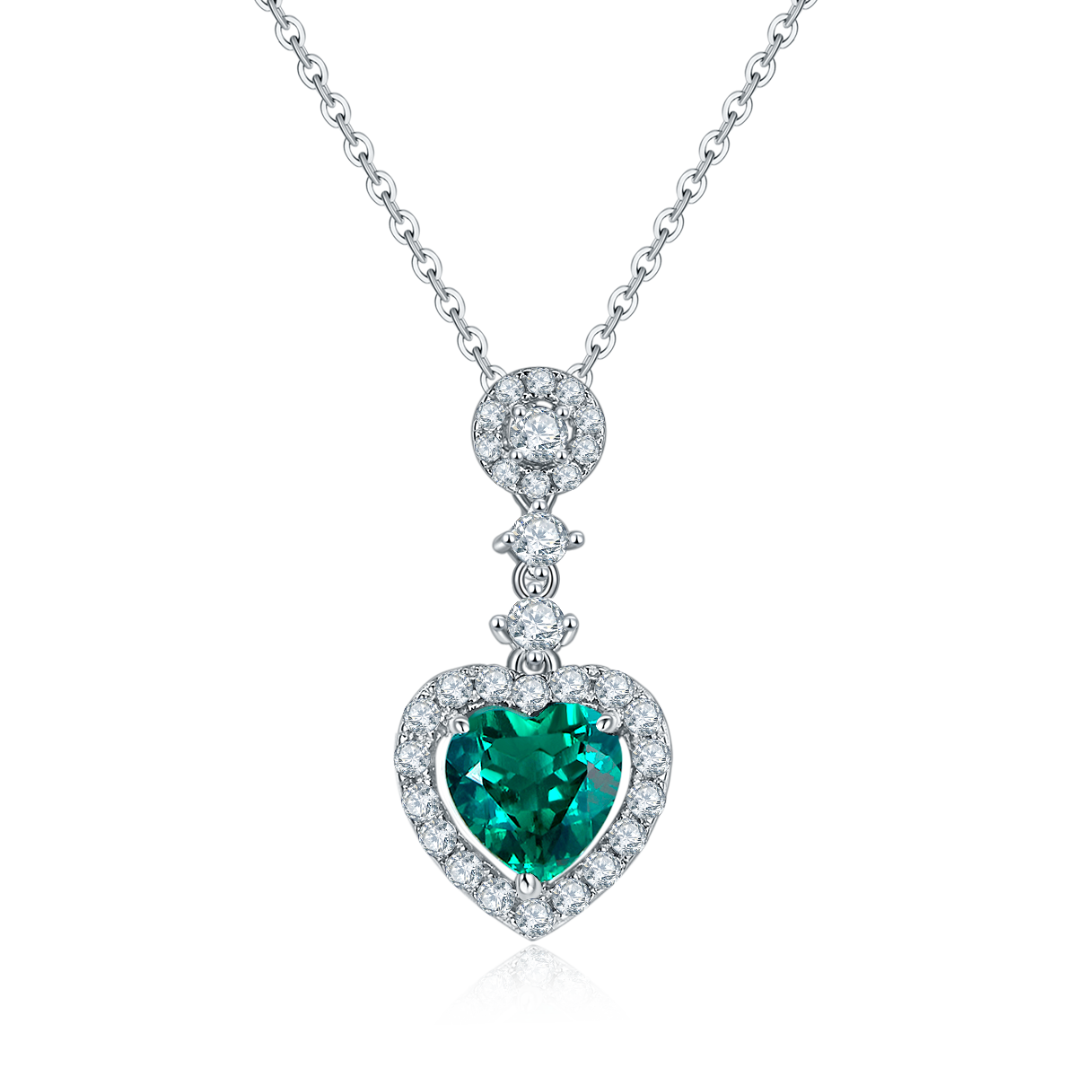 S925 Silver 4.2g Platinum Plated 1.45ct Lab-Created Emerald Heart Necklace, 8mm Halo Pendant, 40&5cm