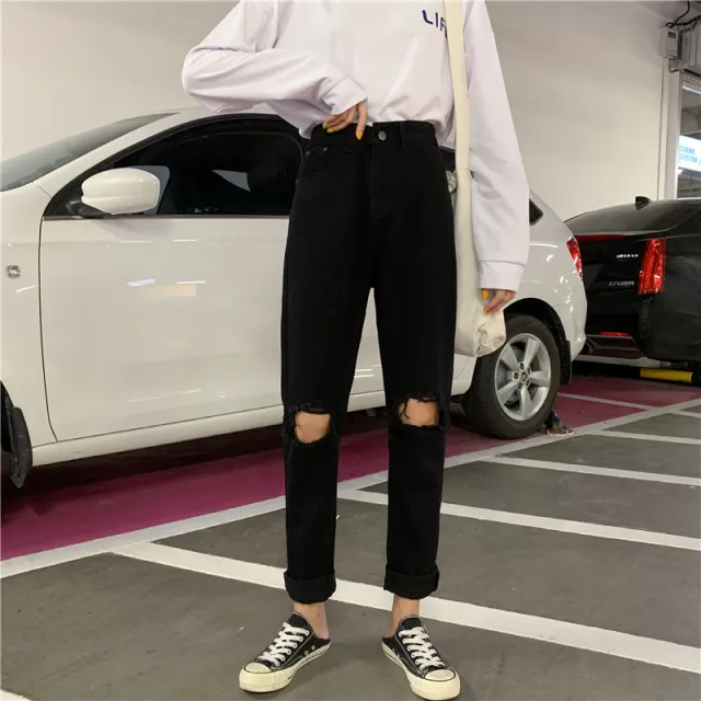 High Waist Ripped Jeans Women's Stretch Loose Trousers With Thin Feet Black - Shop at LoveMi