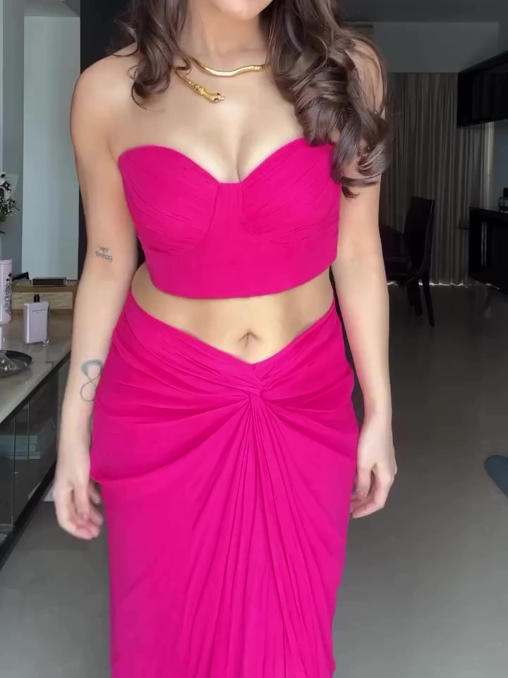 Rose Red Tube Top Twisted Skirt Set