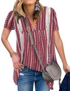 Fashion Printing V-neck Short-sleeved Waist Top - Maroon - View 1
