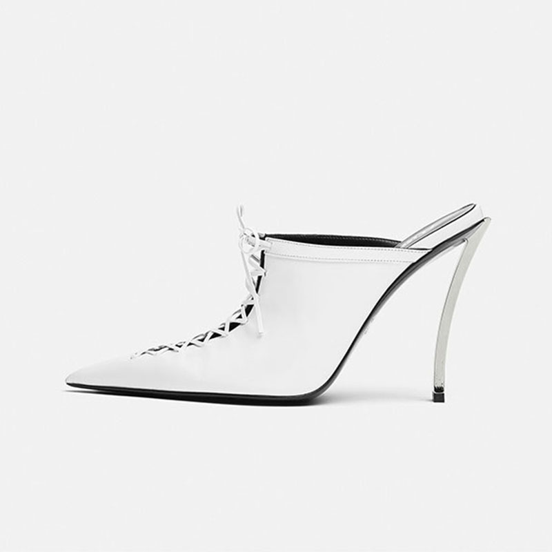 Title 4, Pointed-toe Hollowed White Metal Heel Slippers