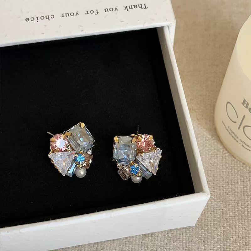 High-End Colorful Crystal Geometric Stud Earrings For Women, Dopamine Sweet Versatile Fashion Daily Ear Jewelry