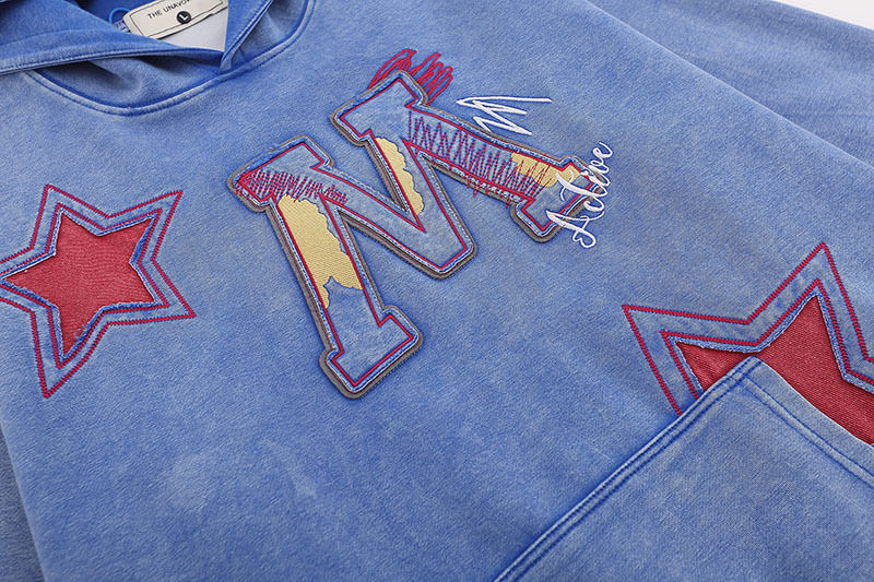 American-style Retro Hip Hop Letters Embroidered Patch Washed Hooded Sweater Men