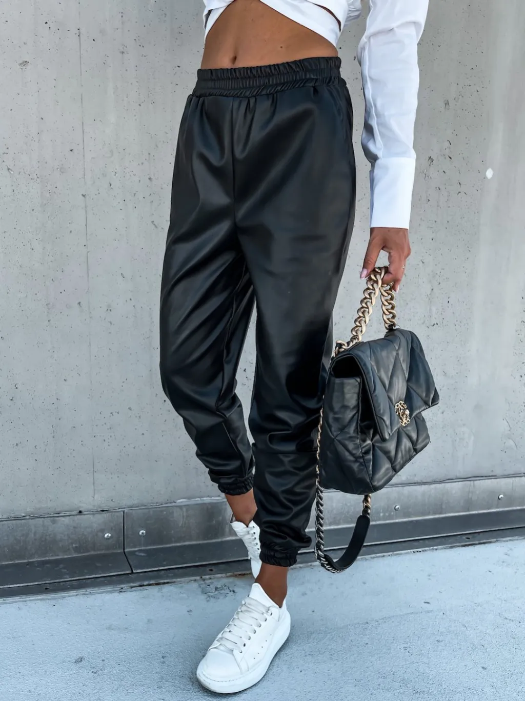 Temperament Mid-length Casual Leather Pants Pocket Women - Black