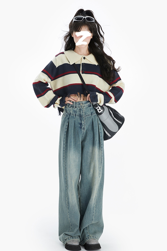 High-Rise Pleated Wide-Leg Washed Versatile Jeans Set