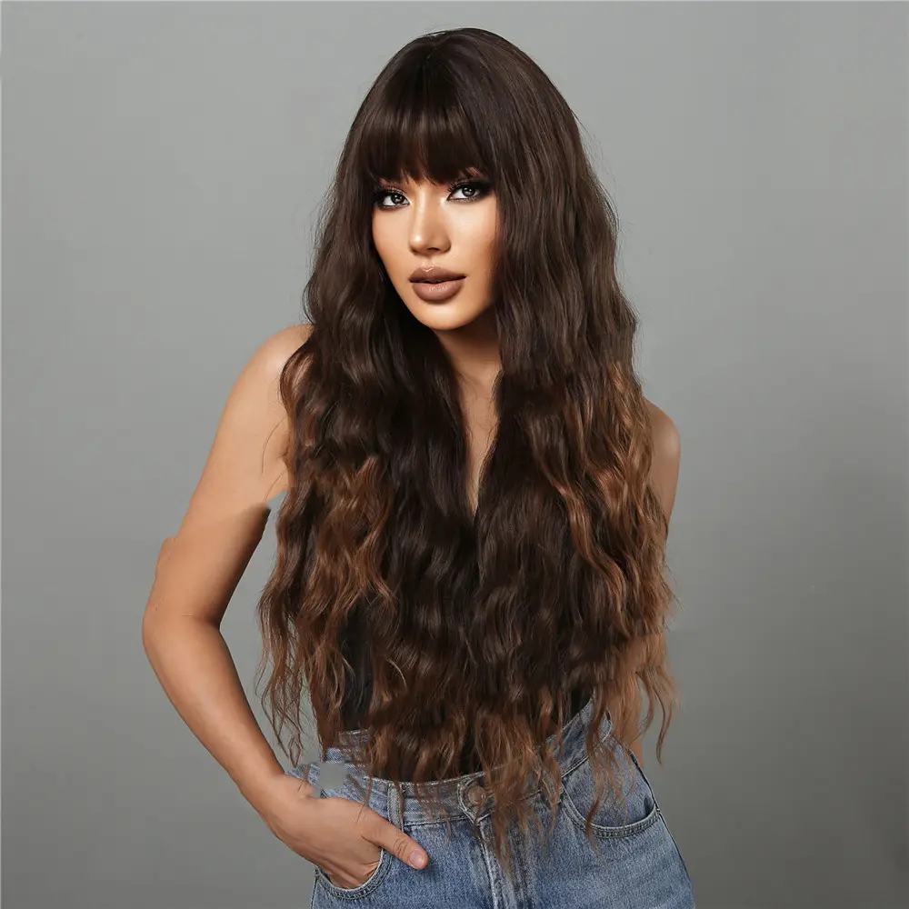 Dark Brown Dyed Light Bangs Long Curly