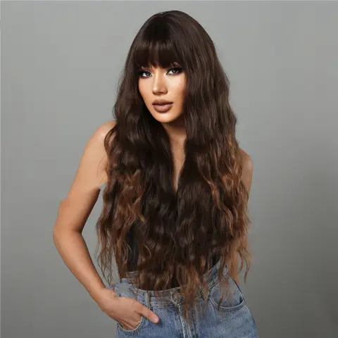 Dark Brown Dyed Light Bangs Long Curly Hair Wigs