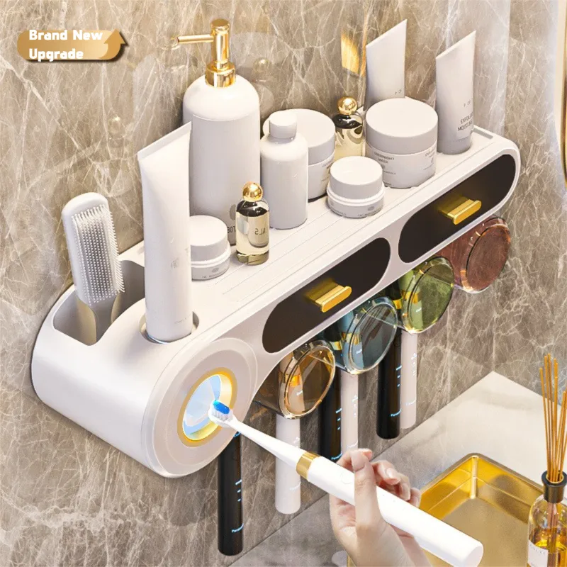 Wall Mounted Toothbrush Rack, Toothpaste Dispenser
