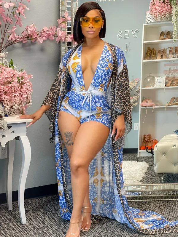 Three piece Shawl Bikini Shorts Swimsuit Blue - Shop at LoveMi