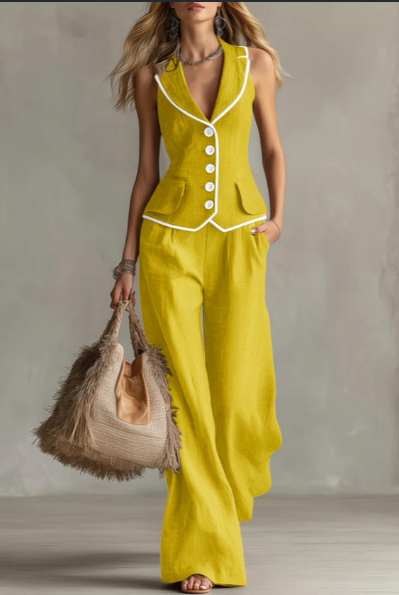 Contrast Trim Linen Vest Set