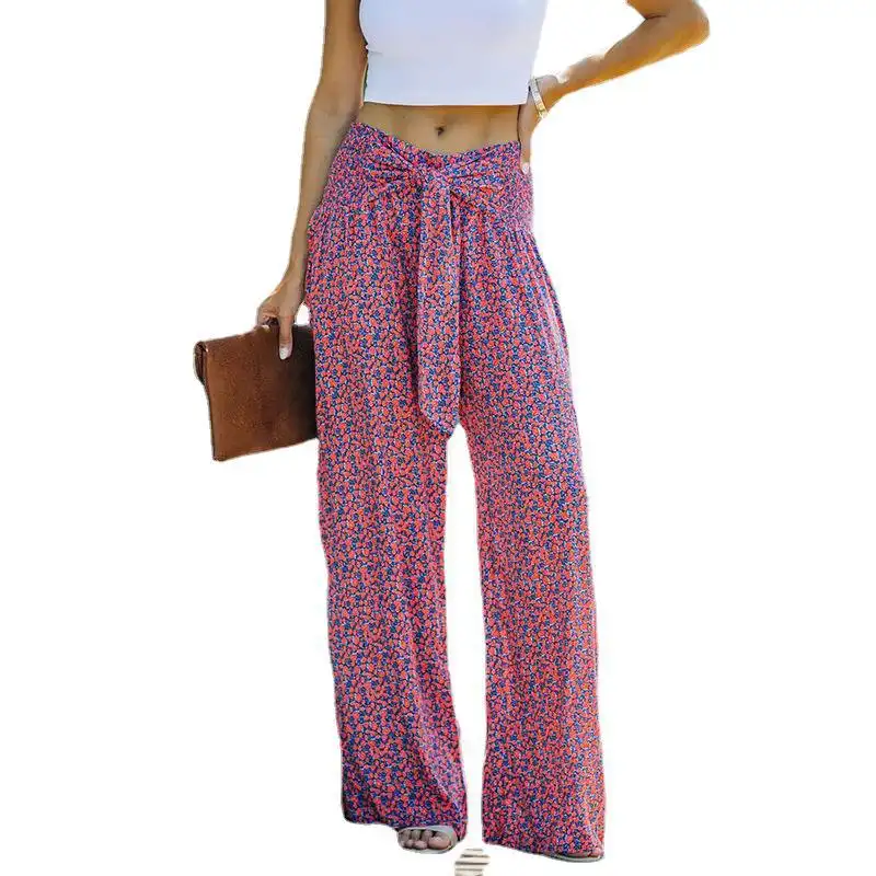 Fashion Printed High Waist Loose Lace-up Wide Leg Pants
