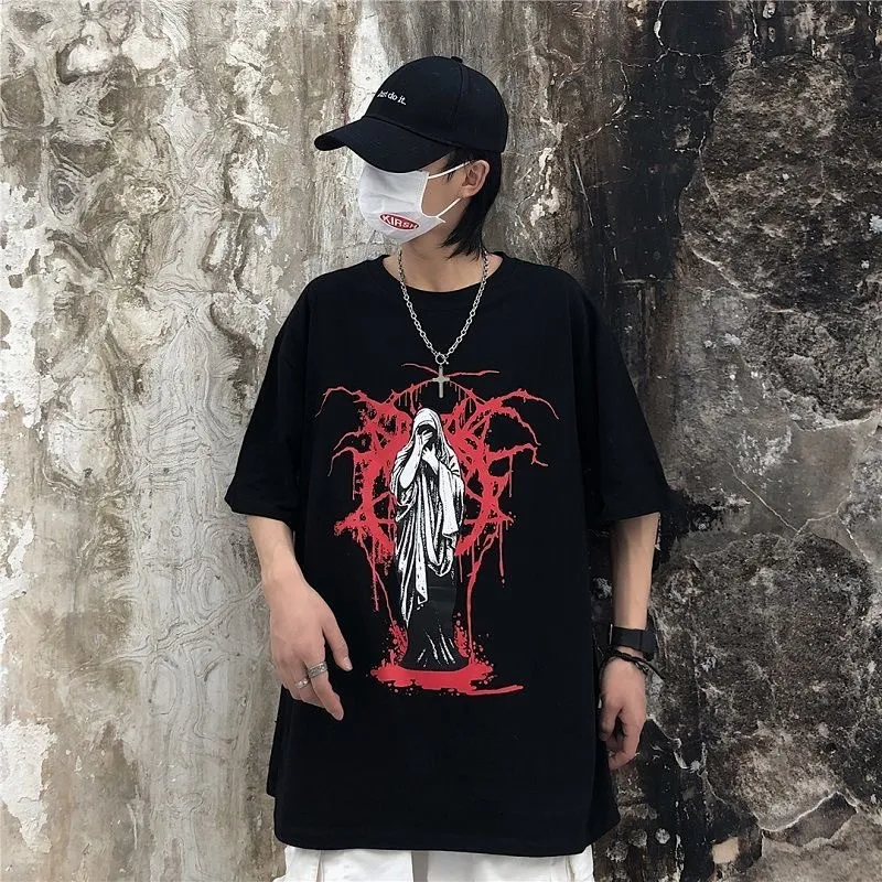 Retro Dark Print Loose Couple Short Sleeve - Black
