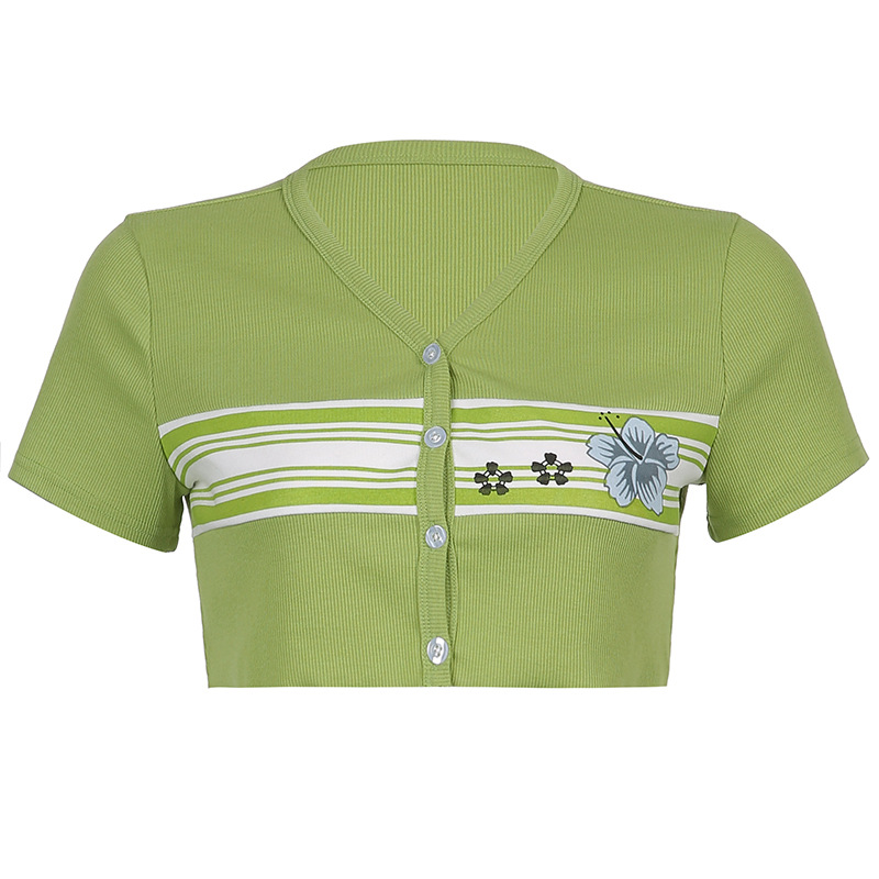 Contrasting Color Stitching Buttoned Cardigan Super Short T-shirt Top