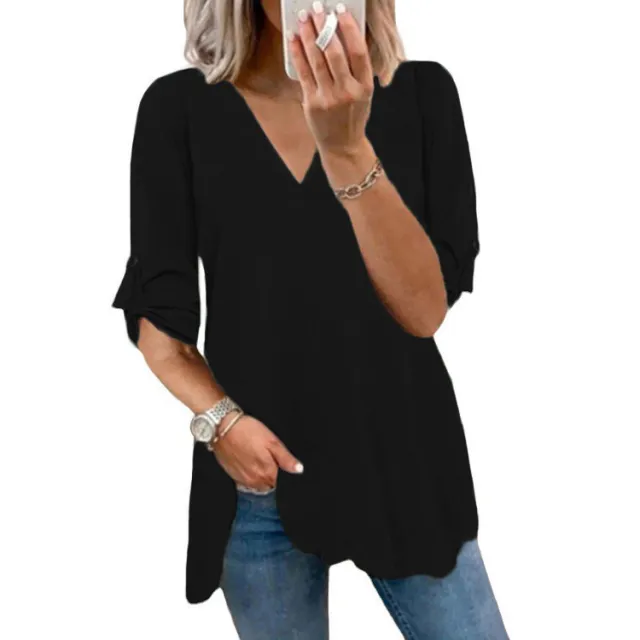 Solid Color V Neck Pullover Loose Women's Top Chiffon Blouse Black - Shop at LoveMi