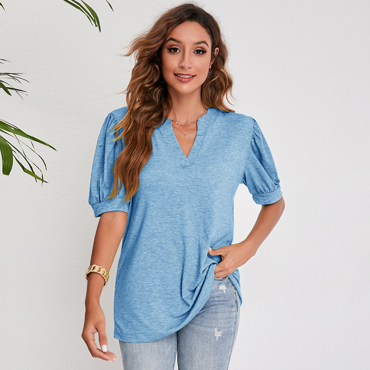 Women's Top Casual V-Neck Solid Color Puff Sleeves