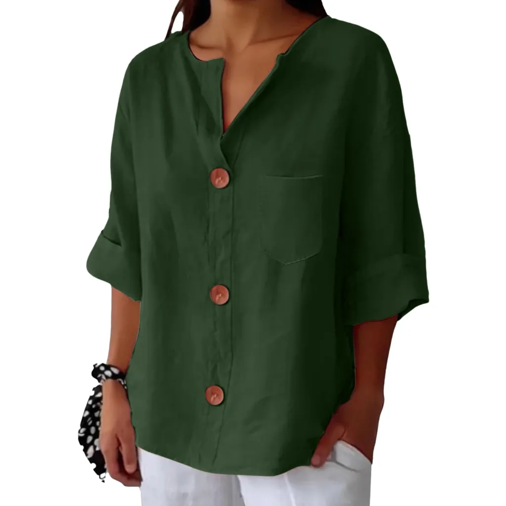 New Style Loose T-shirt For Women With V-neck, Made Of Cotton And Linen, Buttoned Top - Green