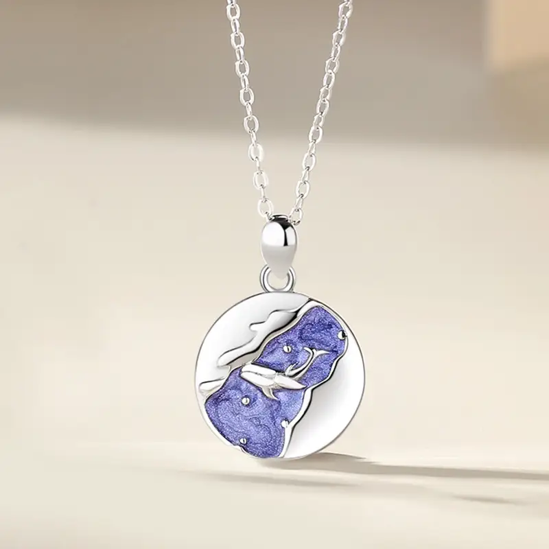 Whale and Deer Couple Necklace Round Geometric Coin Pendant