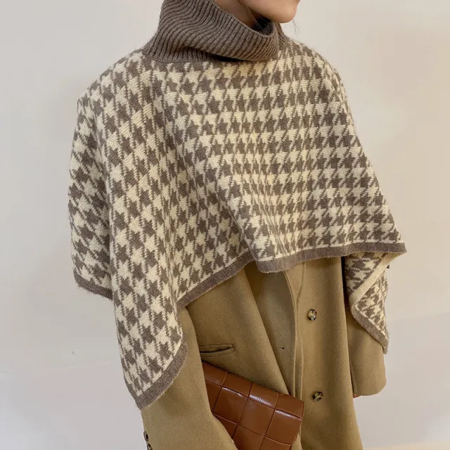 Women's Irregular Thick Pullover Knitted Shawl Scarf Houndstooth Khaki - Shop at LoveMi