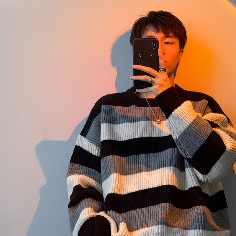 Thick Striped Sweater Men's Loose Round Neck Sweater