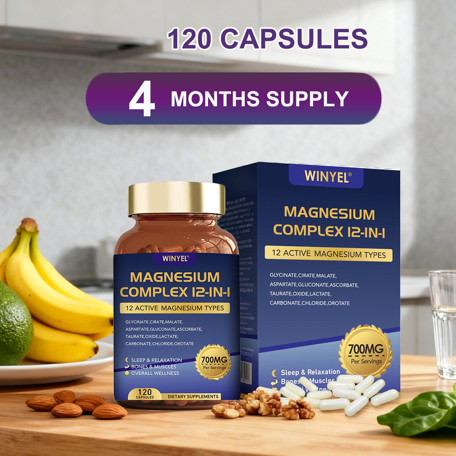 Magnesium Complex 700mg 12 In 1 Magnesium Supplement With Glycinate, Citrate, Malate  Sleep, Calm, Muscle Relaxation, Heart Health Support Vegan 120 Capsules