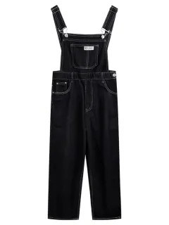 Retro High Waist Straight Black Denim Bib Pants - Black - View 1