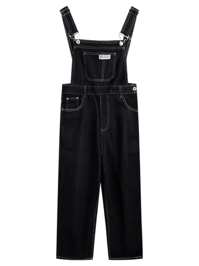 Retro High Waist Straight Black Denim Bib Pants Black - Shop at LoveMi