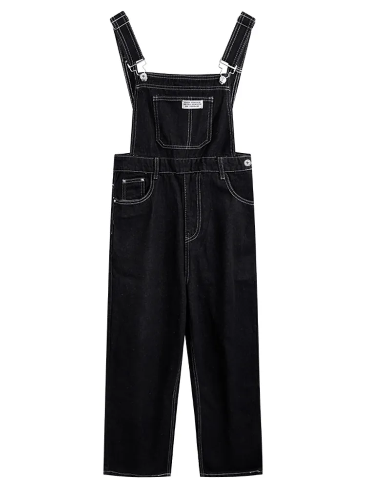 Retro High Waist Straight Black Denim Bib Pants - Black