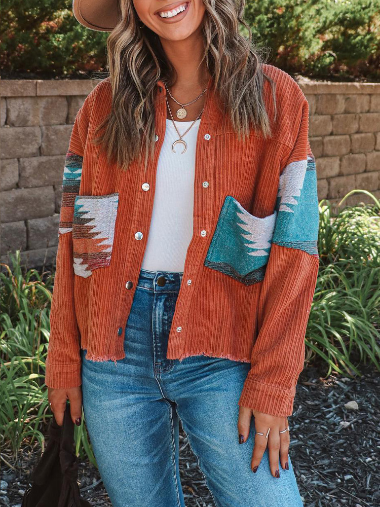 Women's Corduroy Ethnic Style Woolen Patchwork Contrast Color Coat