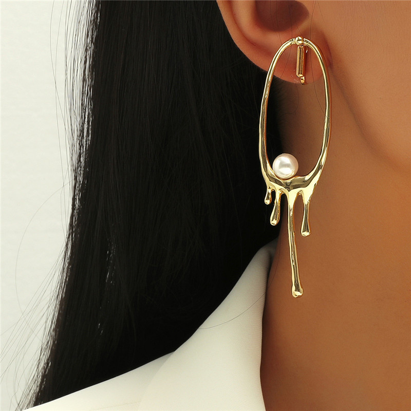 Oval Irregular Metal Lava Pearl Long Earrings