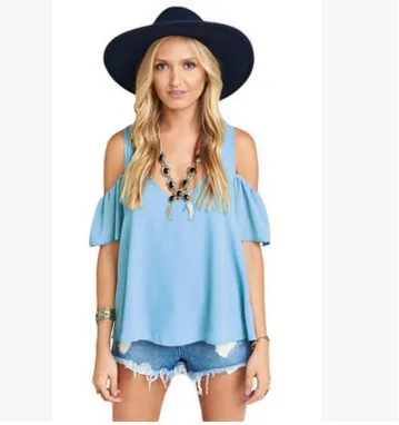 Multicolor Casual Fashion Off the shoulder Chiffon Shirt Sky Blue - Shop at LoveMi