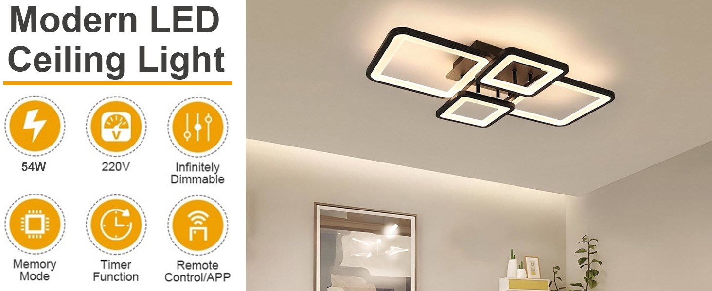 54W Modern LED Ceiling Light Dimmable Black Chandelier Living Room Romote — image 10