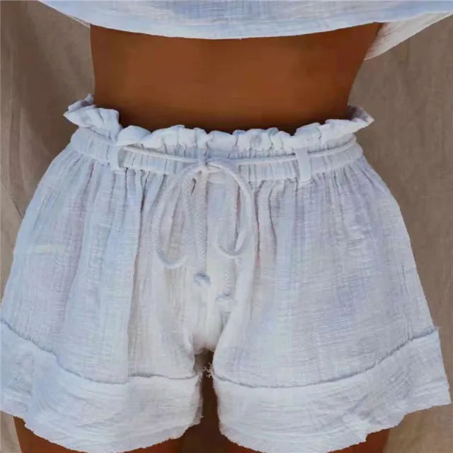 Solid Color Loose Pleated Elastic Belt High Waist Cotton And Linen Boho Shorts Hot Pants White - Shop at LoveMi
