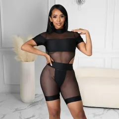 Sexy One-Piece Nightclub Net Yarn Perspective Two-Piece Suit - Black - View 1