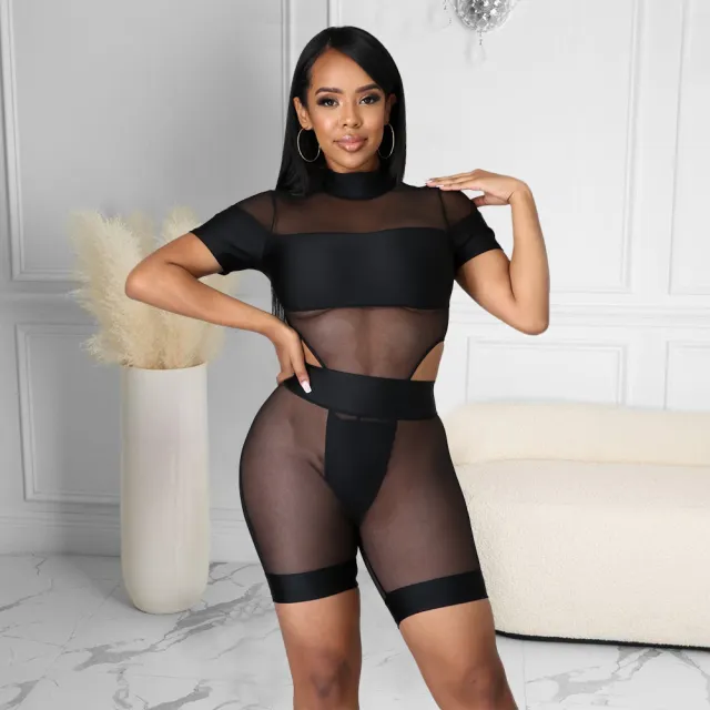 Sexy One Piece Nightclub Net Yarn Perspective Two Piece Suit Black - Shop at LoveMi