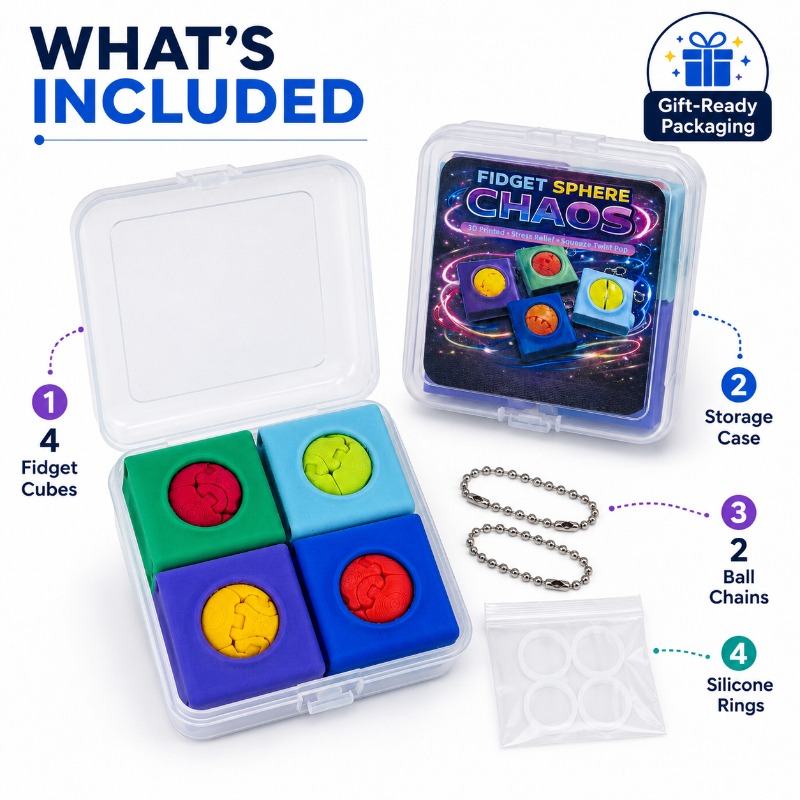 4PCS Textured Fidget Cube Set, 3D Printed Squeeze & Twist Desk Accessories With Portable Storage