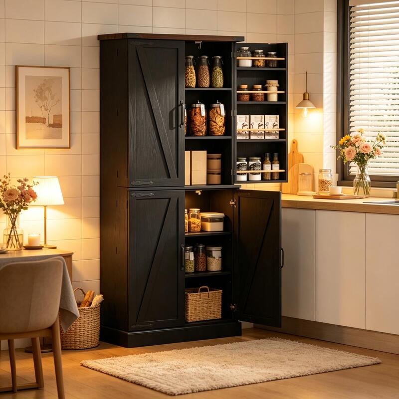 Tall Vertical Pantry Cabinet, Chic Kitchen Storage Organizer For Home Office — foto 4