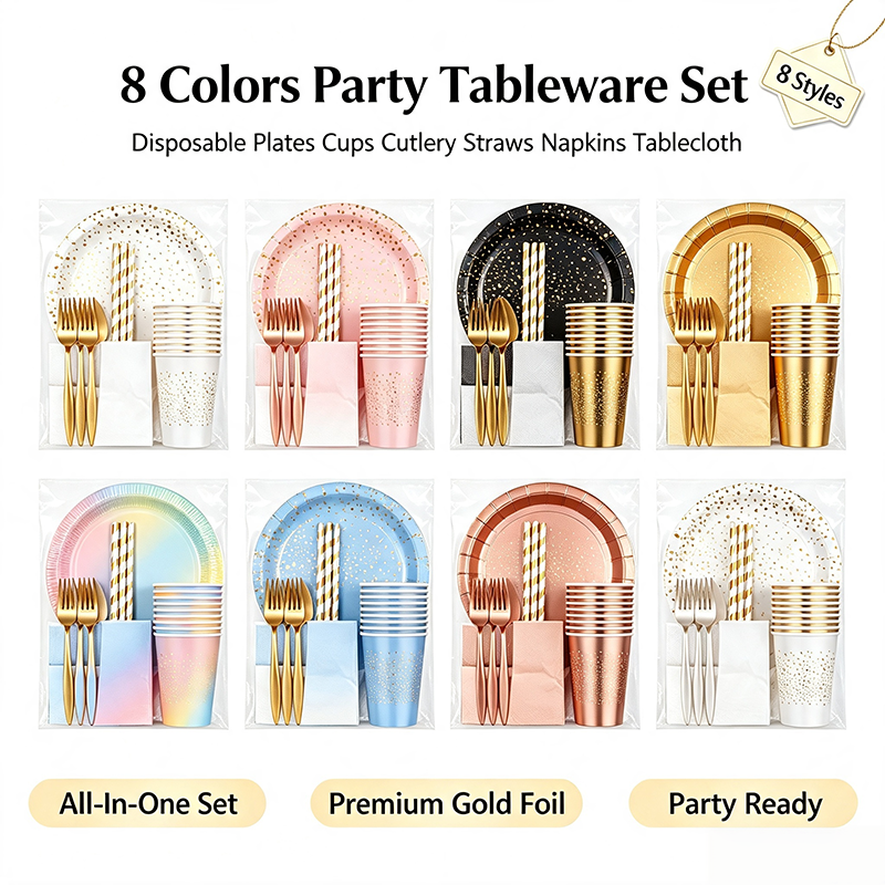 Disposable Gold Dot Party Tableware Set, Paper Plates Cups Napkins Straws Golden Cutlery Tablecloth, All In One Party Supplies For Birthday Baby Shower Wedding Picnic, 8 Colors Available - image 10