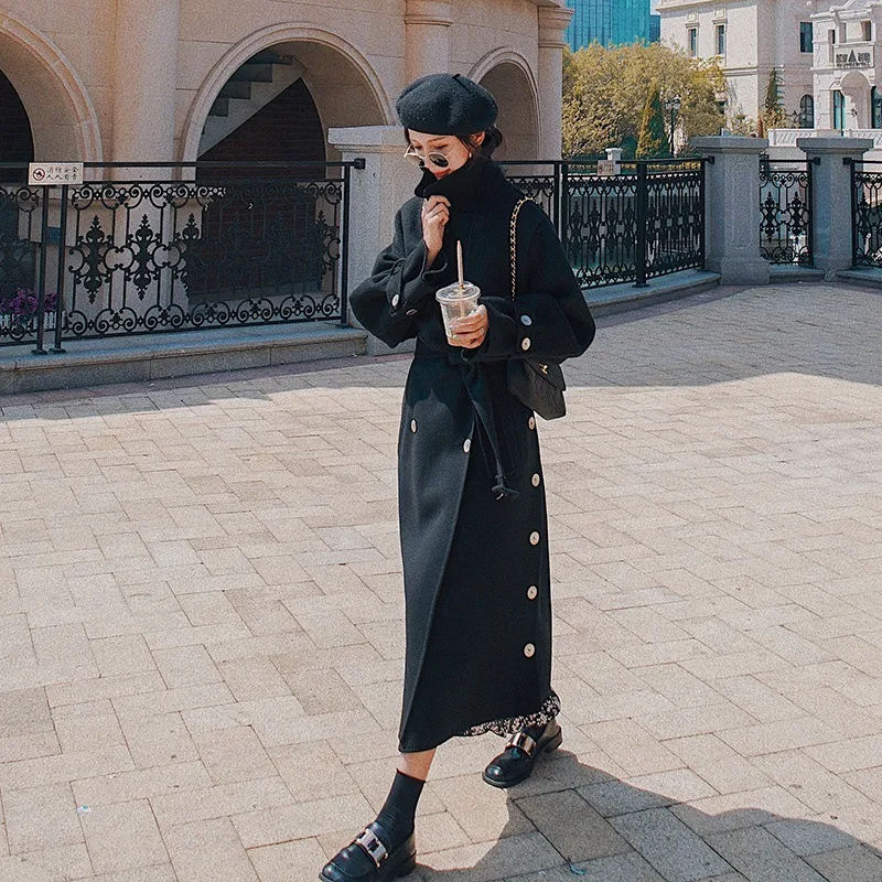Woolen Casual Fashion Temperament Slim-fit Over-the-knee Coat - Black