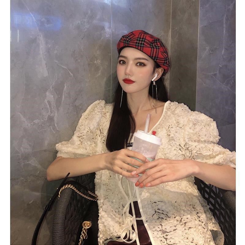 Red Westernstyle British Plaid Leather Edging Beret Allmatch Japanese Retro Painter Hat