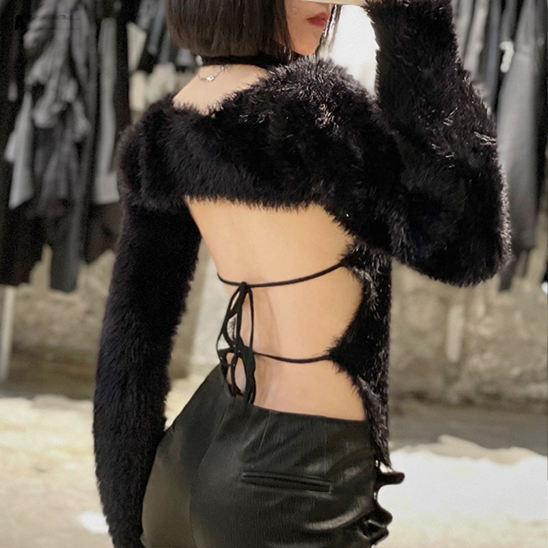 Turtleneck Backless Lace-up Knitted Sweater Plush Fleece Sweater