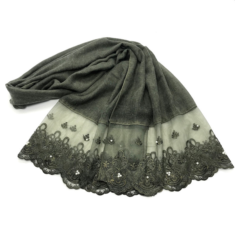 Cotton And Linen Solid Color Scarf, Two-end Lace, Set Pearl Toe Cap Scarf