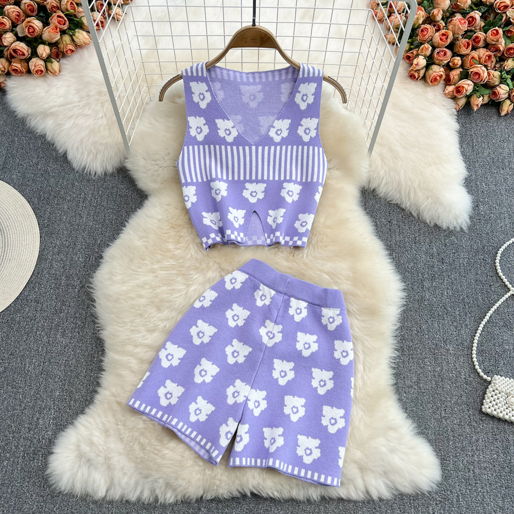 Women's Vest V-neck Knitted Sweater Pullover Sleeveless Top Two-piece Set